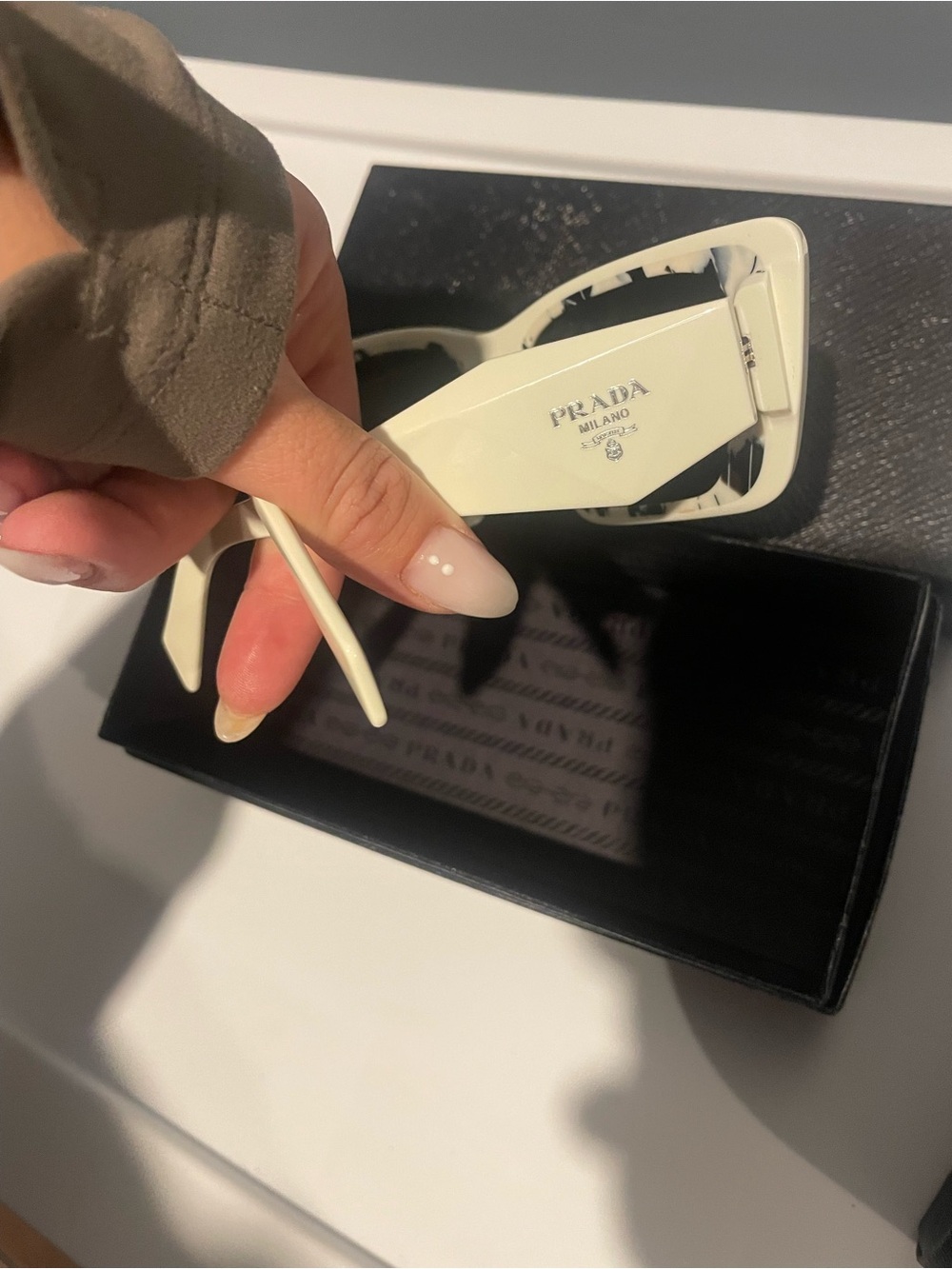 Prada Cream Rectangular Sunglasses with Marble Temples - Picture 2 of 7